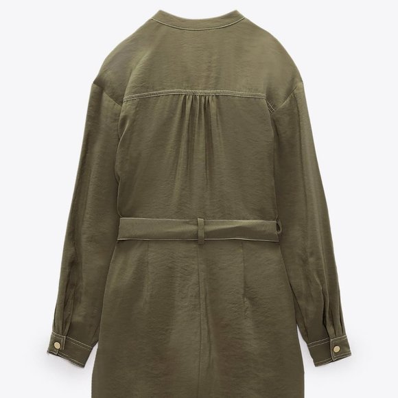 NEW Zara Olive Green Modal Long Sleeves Contrasting Topstitch Belted Jumpsuit S - Picture 8 of 9